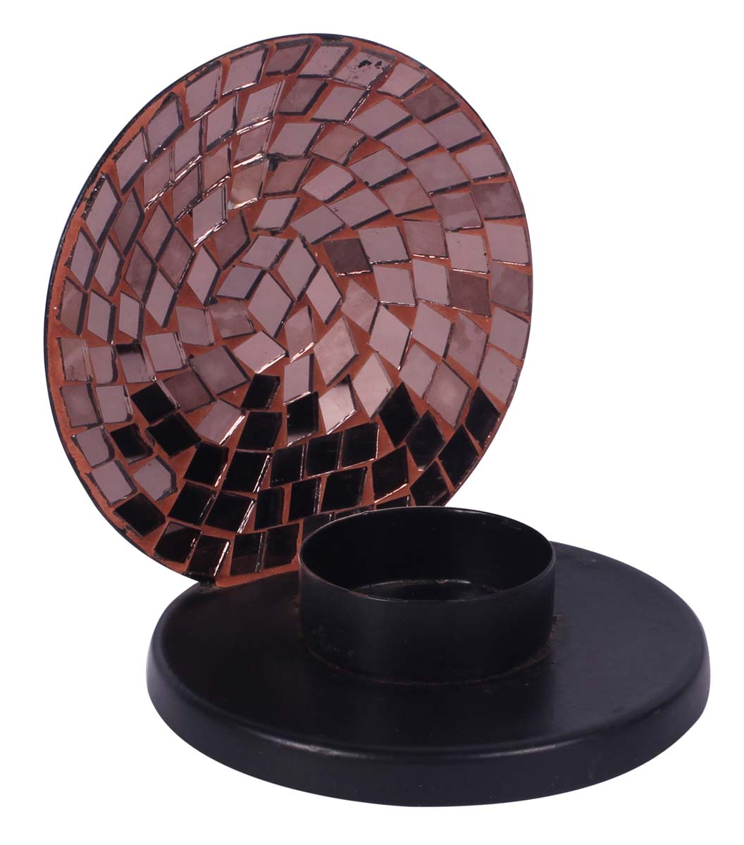 4” Sea-Shell Tea-Light Holder in Iron with Mirror-Work - Black & Copper Color - Mosaic Art Decor from India - Buy in Bulk Wholesale
